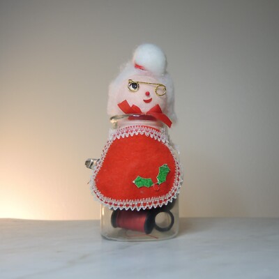 Ms. Clause Small Glass Jar Sewing Christmas Grannycore X-mas Holiday Thread