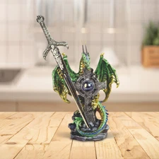 5"H Green Dragon with Sword Embracing Cross Statue Fantasy Figurine Room Decor