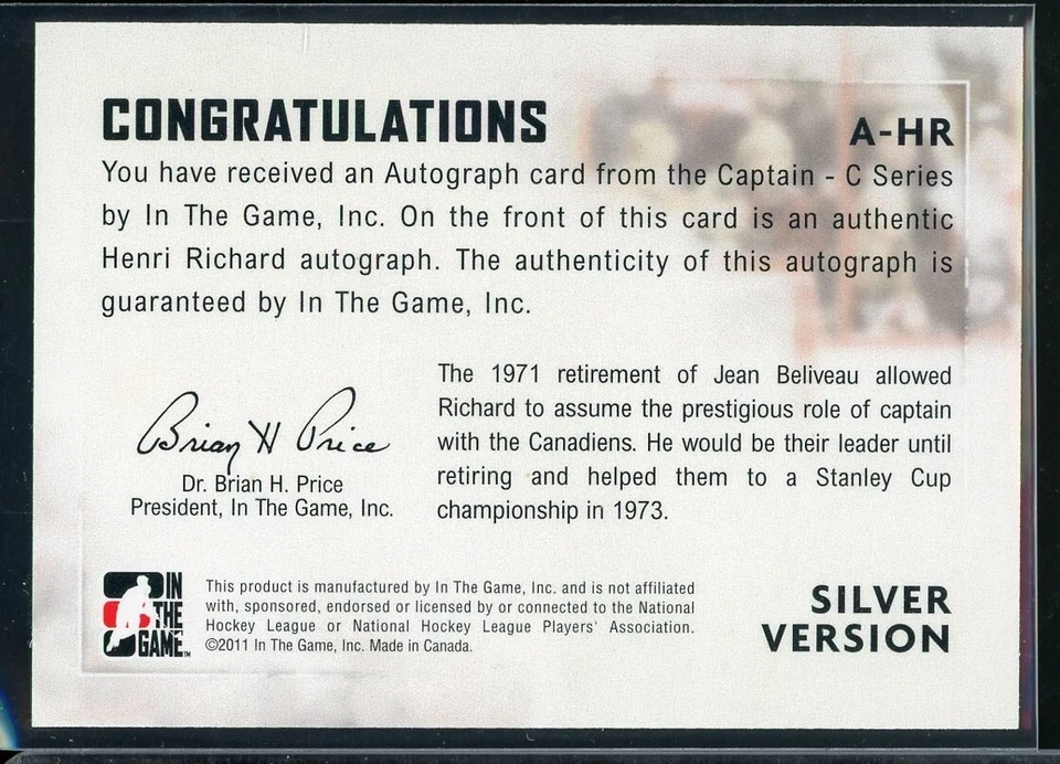 2011-12 ITG Captain-C Autographs Silver #AHR Henri Richard - Image 2 of 2
