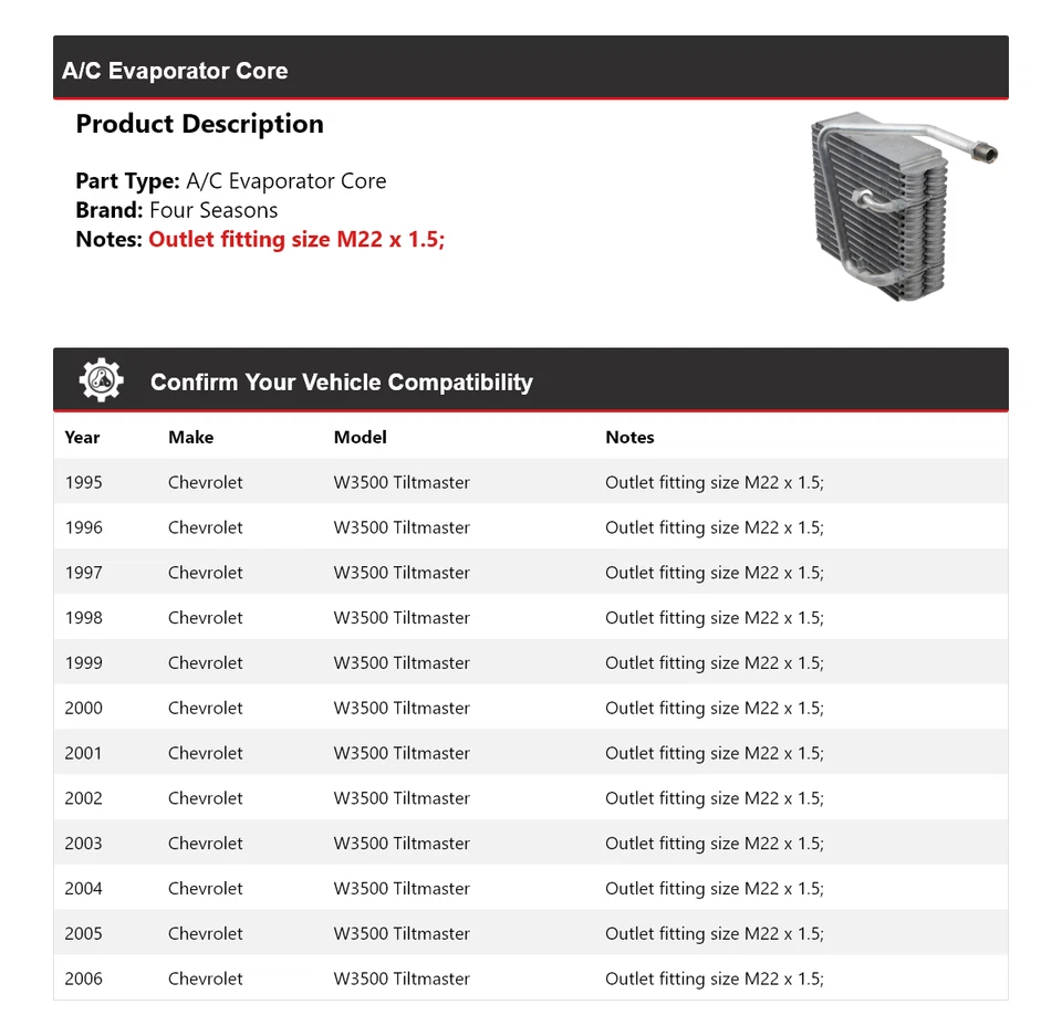 Núcleo evaporador aire acondicionado Tiltmaster 1995-2006 Chevrolet W3500 4 estaciones 1996 1997 Foto 2 de 4