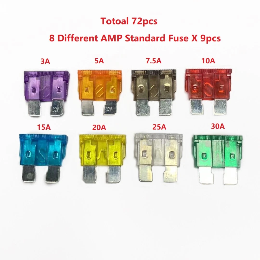 72 Pc Standard Car Fuses Set Standard Blade Fuse 3 5 7.5 10 15 20 25 30 Amp  Fuse