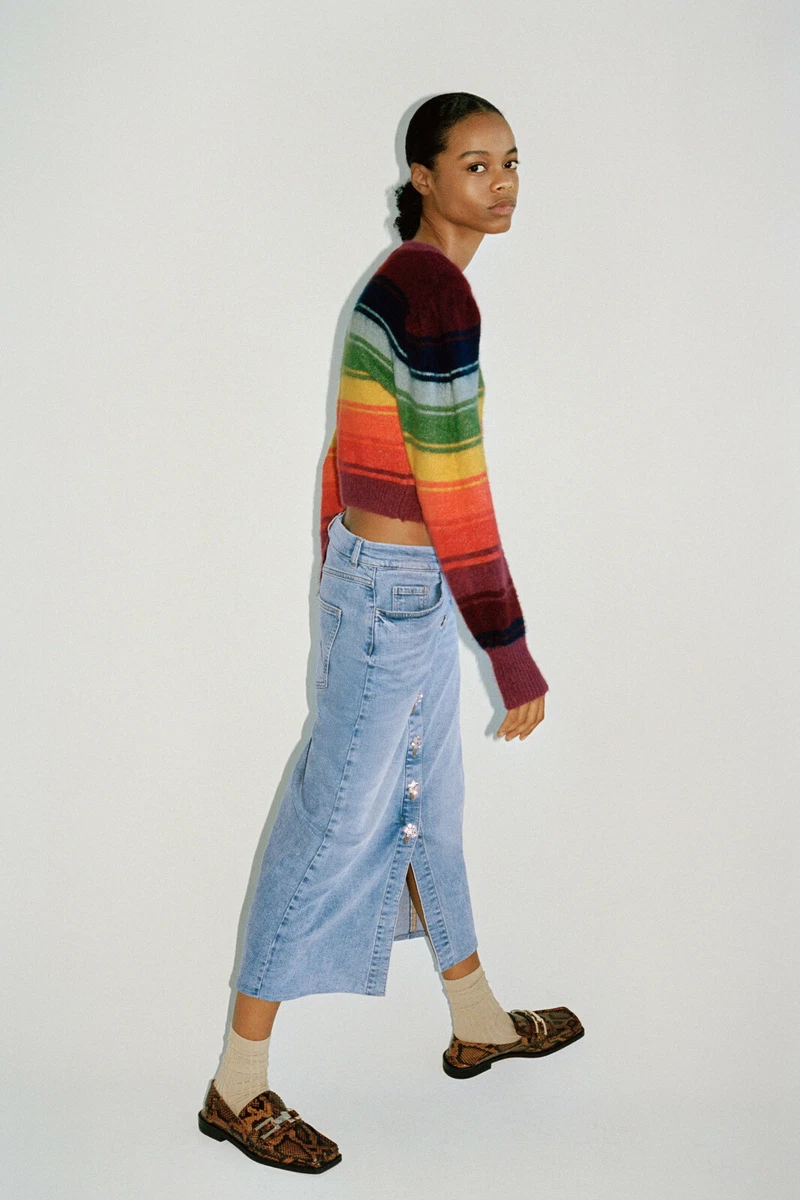XX ZARA TRF STRIPED KNIT SWEATER RAINBOW STRIPED CROPPED JUMPER L