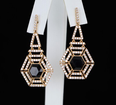 Doves by Doron Gatsby 18k Yellow Gold Black Onyx Diamond Dangle Drop Earrings