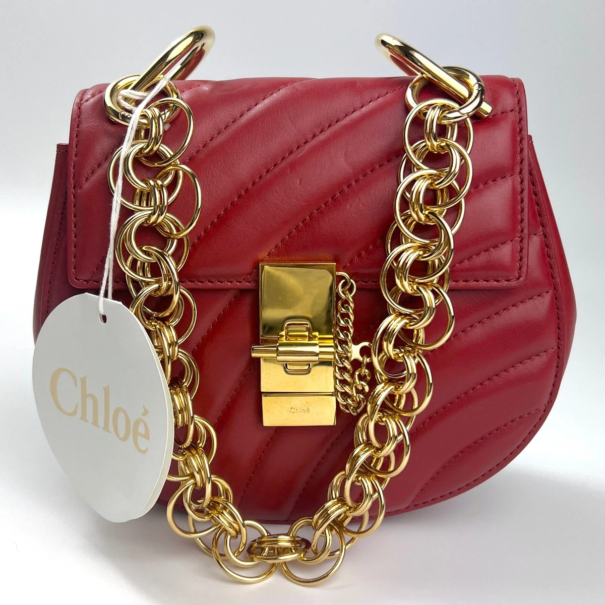 Chloe Mini Drew Bijou Shoulder Bag Handbag Red Gold Leather Womens