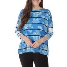 Multiples, Striped Floral Top, Blue Multiple, Size Medium