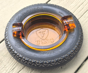 1920s-1930s Firestone Balloon Tire Advertising Ashtray with Amber Glass