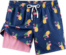 Men'S Swim Trunks Hawaiian Quick Dry 2 in 1 Board Shorts with Pockets Drawstring
