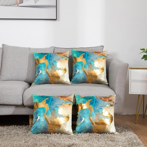 Teal and Gold Throw Pillow Covers 18x18 in Set of 2 Turquoise and Gold Velvet... - Picture 5 of 7