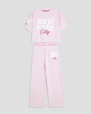 River Island Girls T-Shirt & Joggers Set Pink 2 Piece New York Graphic Wide
