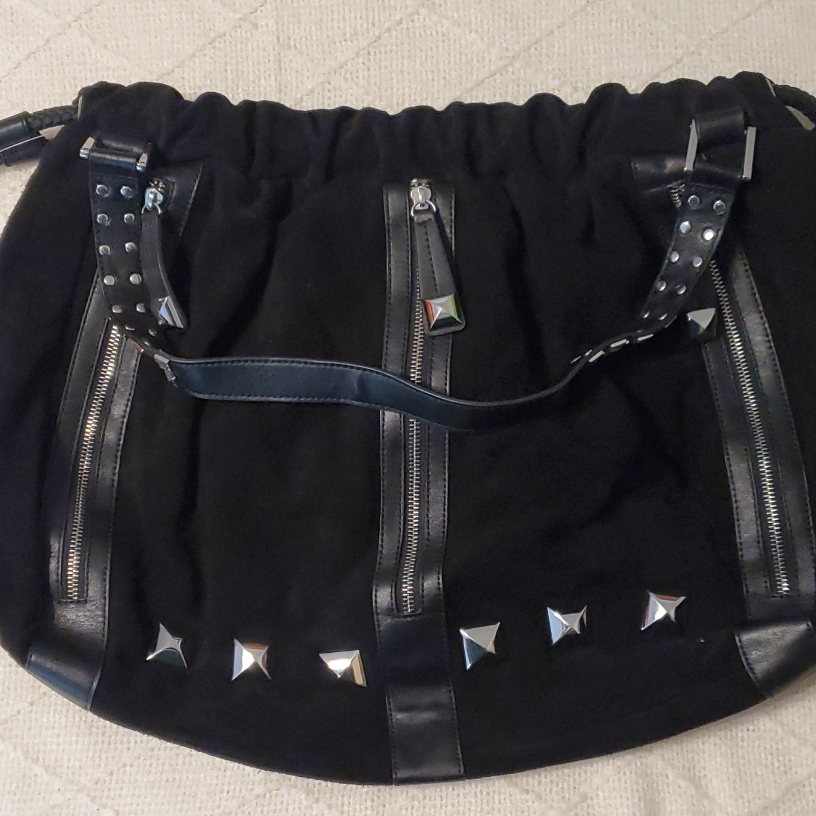 Unique Black Suede Studded Drawstring Shoulder Ba… - image 6