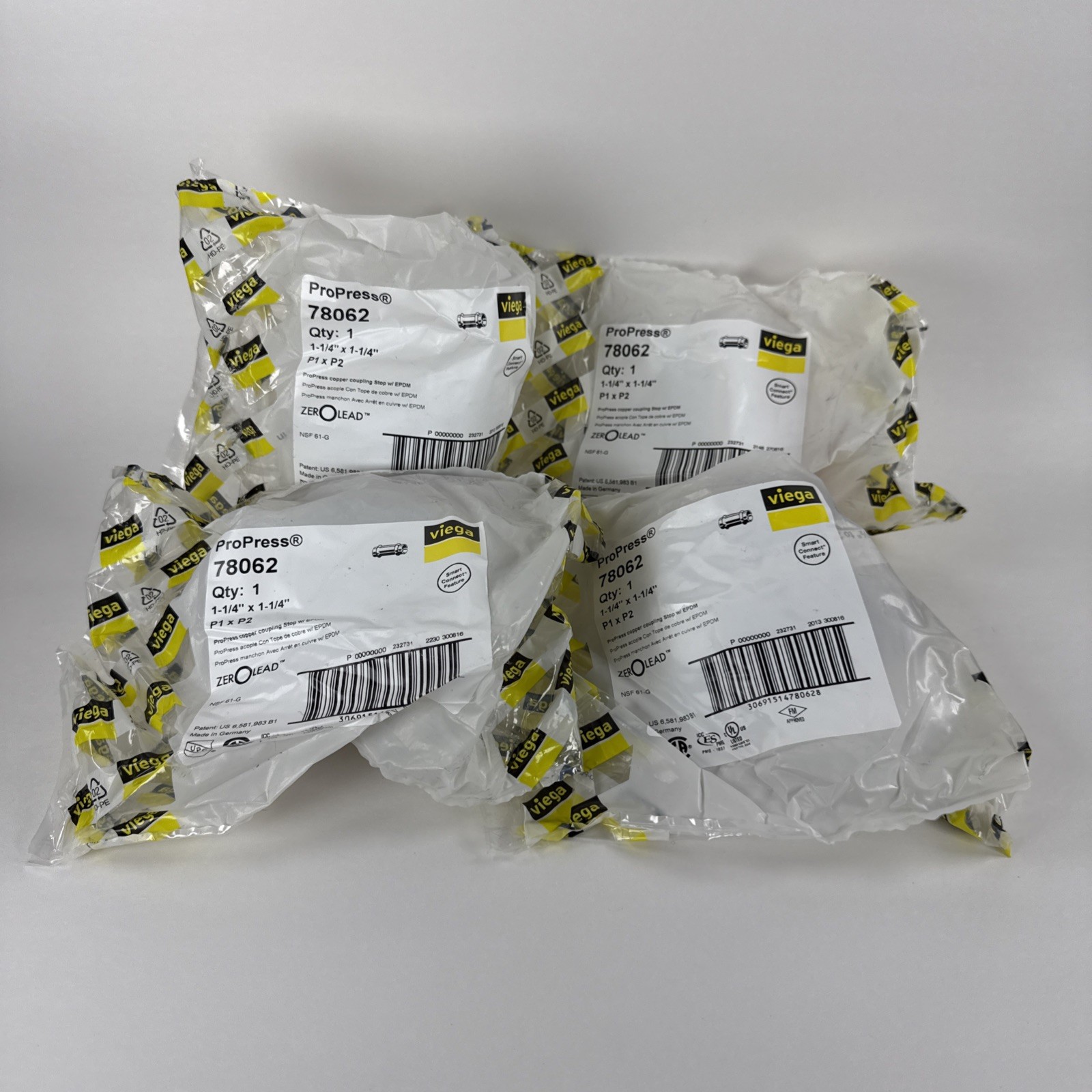 Lot of 4 Viega 78062 ProPress Zero Lead Copper Coupling w/ Stop 1-1/4-Inch P x P