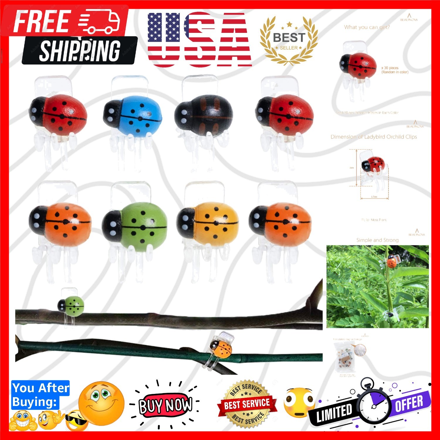 Garden Versatility with 30Pcs Ladybug Plant Clips - Ideal for Orchids & Crafts
