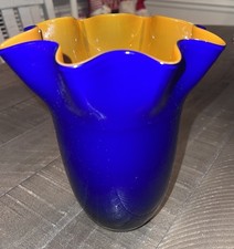 Murano Style Hand-Blown Art Glass Handkerchief Vase Blue Orange Swirl — listing 2