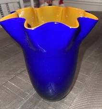 Vintage Murano Style Art Glass Cobalt Blue Handkerchief Vase Cased Orange 7.5”