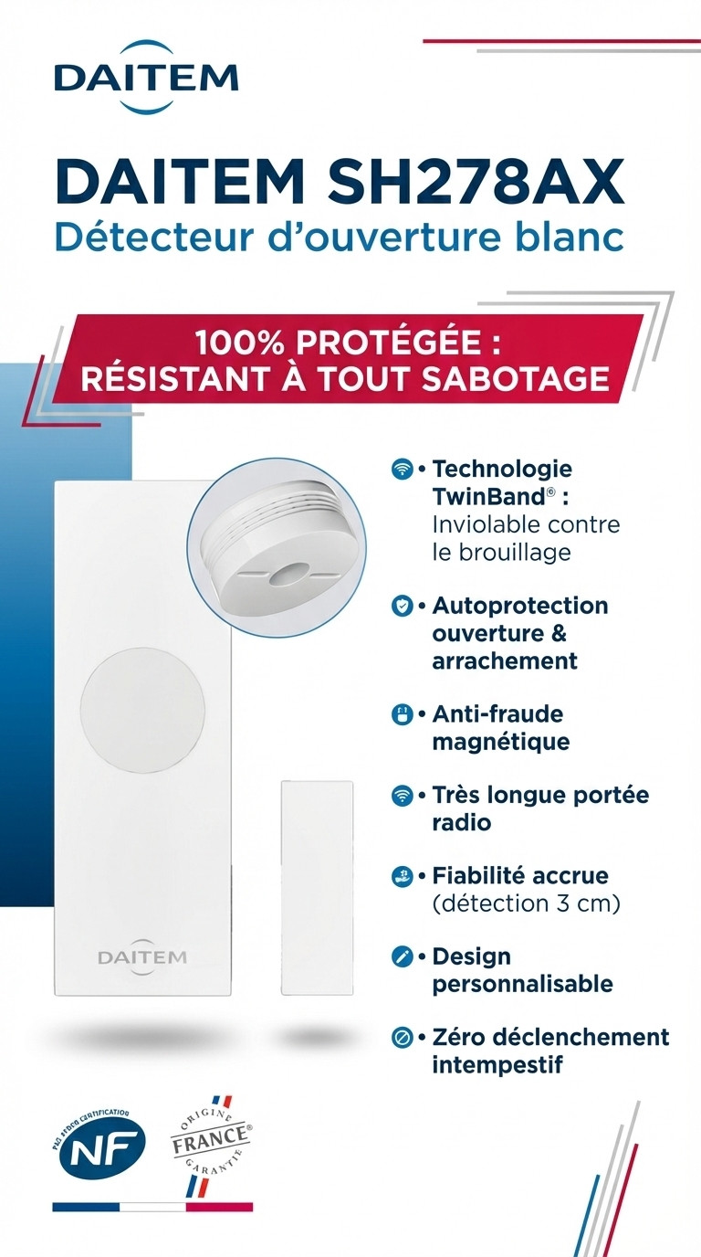 Détecteur d'ouverture blanc Daitem SH278AX en boîtier compact au design épuré