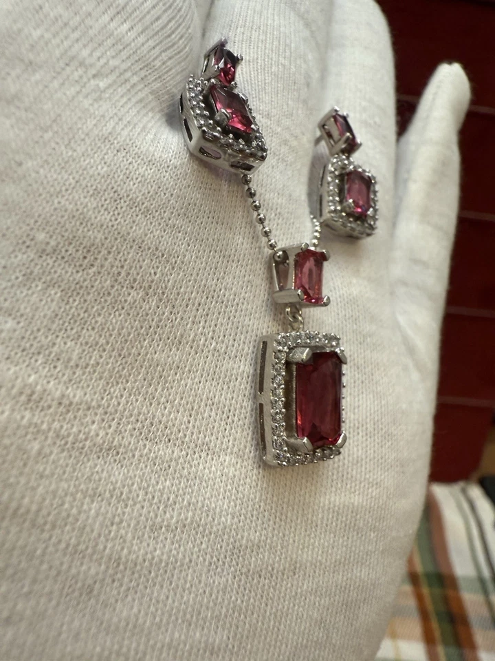 "Colgante colgante de rubí, cadena de 20"" y pendientes colgantes de plata de ley" Foto 4 de 4