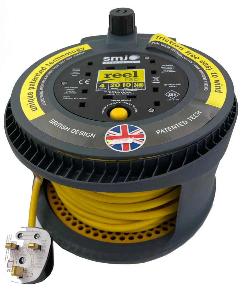 Mains Extension Leads Adaptors & Power Hub Grey 20m Cable 10A Drum 4 Sockets