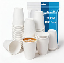 12 Oz Disposable Paper Coffee Cups, 100 Count   Leak-Resistant White Cups for Ho