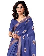 Women's Cotton Linen Printed Ready To Wear With Pocket Saree with Blouse Piece
