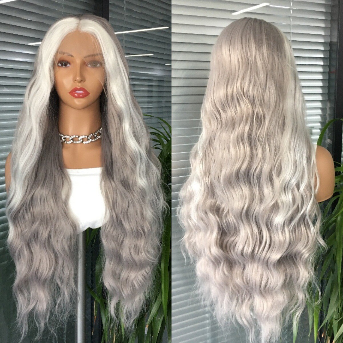 Long Curly Silver Gray Lace Front Wig Long Wave White 
