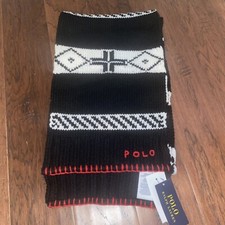 NWT POLO Ralph Lauren HERITAGE KNIT SCARF Wool BLACK RED WHT 72" x11" Womens OS