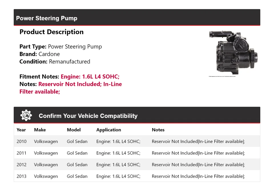 Bomba de dirección asistida Cardone 2011 para Volkswagen Gol 2010-2013 sedán 1,6 L L4 SOHC Foto 2 de 4