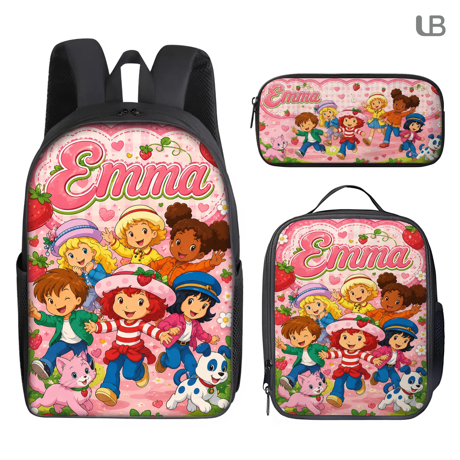 Custom Strawberry Shortcake Kids School Backpack Set 3pcs Bookbag