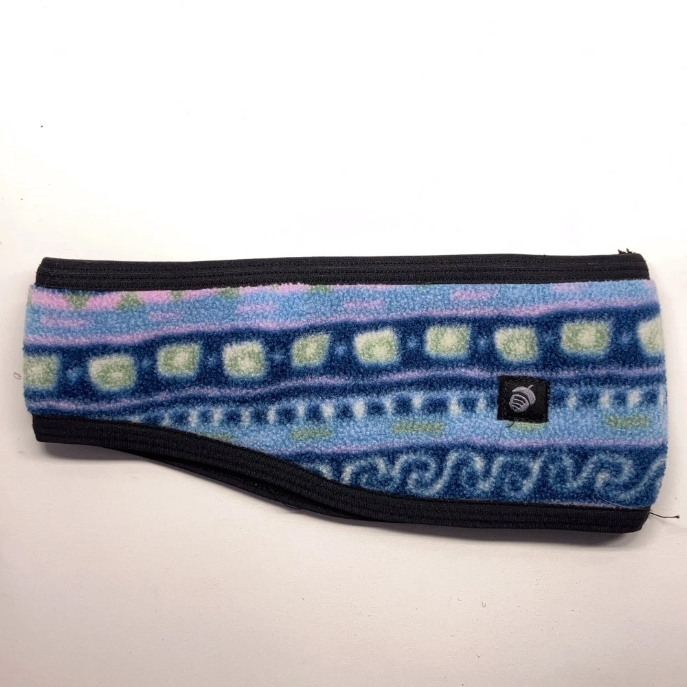 Acorn winter fleece headband blue pattern black trim and interior