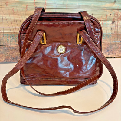 Vintage Medusa Head Brown Leather Bag Slouchy Gold Tone Versace Style As-is