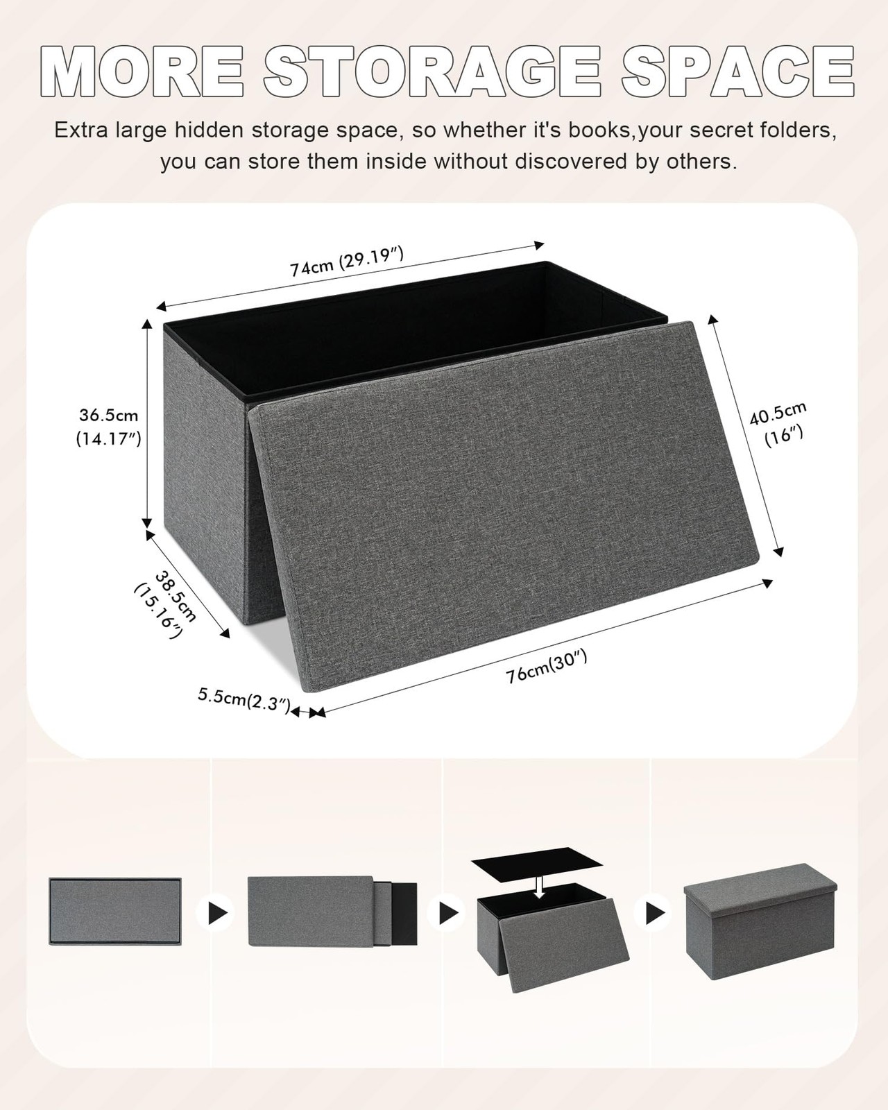 Storage Ottoman with Tray, Linen Coffee Table Folding Long Shoes Bench Footst...