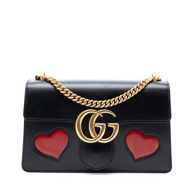 Gucci Medium GG Marmont Leather Malaga Kid Heart Patch Chain Flap Schultertasche