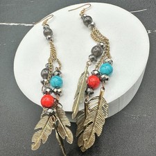 VTG Boho Feather Dangle Earrings Multi-Color Bead Chain Long Gold Tone Hook
