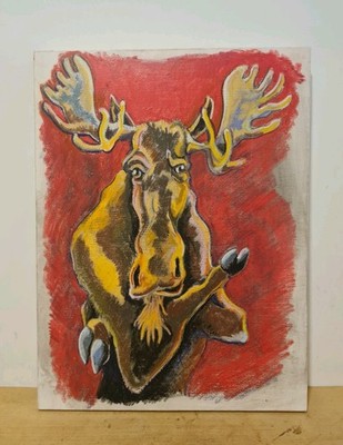 ÖLGEMÄLDE ELCH MIT HALTUNG GUTER SPASS ORIGINAL KUNSTWERK 24 X 18 ZOLL
