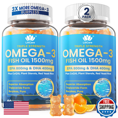 Fish Oil Omega 3 Gummies 1500mg for Adults - Triple Strength with EPA & DHA, COQ