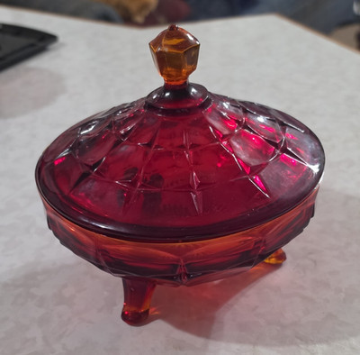 Indiana Tiara Glass Sunset Amberina Candy Dish in Block Pattern