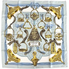 Hermes HERMES Carr  90 ETRIERS Armor Silk Scarf Blue