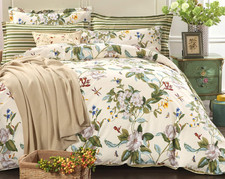 Queen Floral Duvet Cover Set Cotton Reversible Green Beige Bedding 3Pc