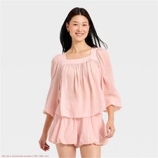 Women's Long Sleeve Square Neck Sheer Blouse - A New Day Pink S SEE DEAL  