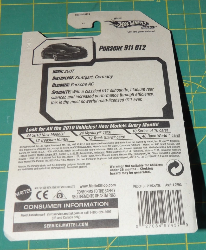 2010 Hot Wheels New Models - Porsche 911 GT2 - Black w/ Protector - Image 3 of 3