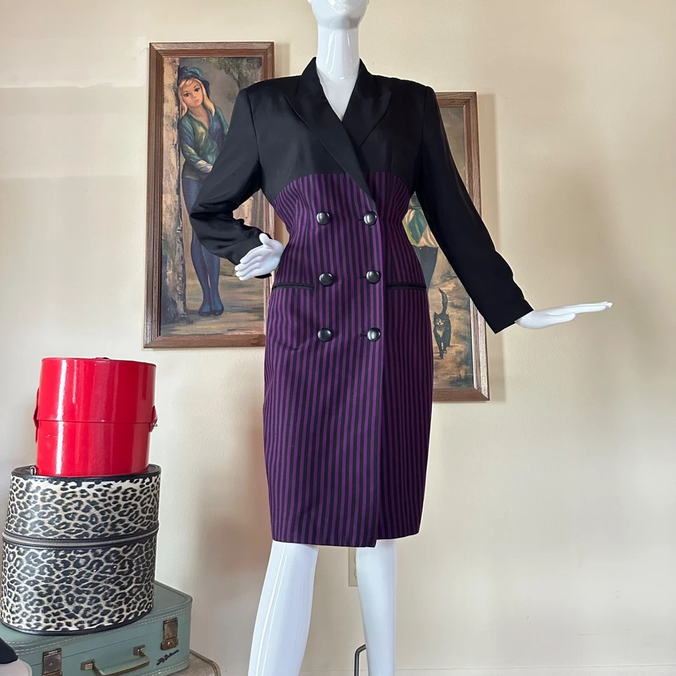 Vestido Traje De Colección Años 80 Tahari Corporativo Gótico Púrpura Negro Rayas Doble Pecho L Foto 3 de 4