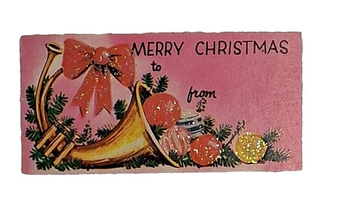 Vintage Christmas Gift Tags French Horn Pink Glitter Accents Set of 10 MCM