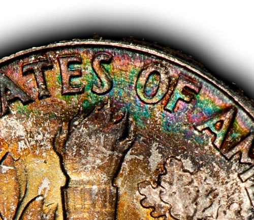 1959 10c Silver Roosevelt Dime - PQ Rainbow Pattern Toning - BU - SKU-Z6358