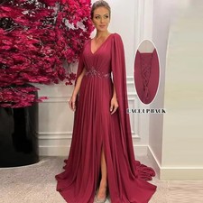 Long Sleeve Mother of The Bride Dresses Beaded Applique Chiffon V Neck Formal