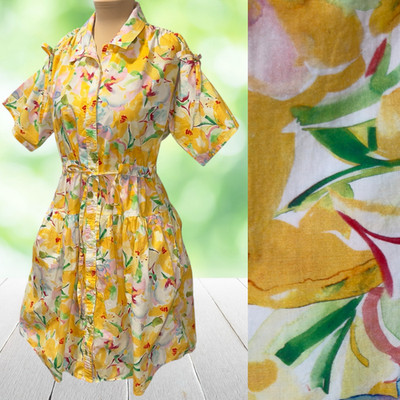 FRENCH CONNECTION Shirt Dress Yellow Organic Cotton Ruched Drawstring Womens 10