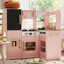 Pink Corner Play Kitchen with Lights,Kitchen Set for Kids Ages 4-8,Pink Kids Toy