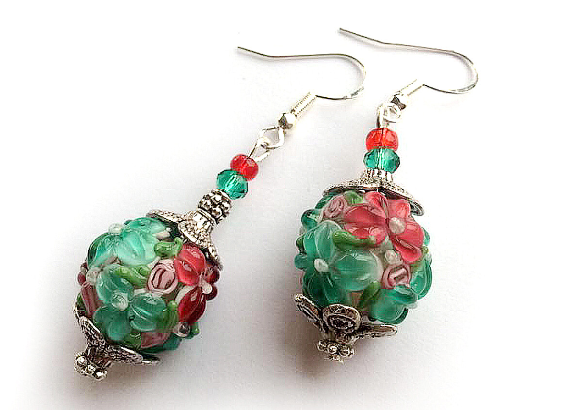 925 Sterling Silver Hook Lampwork Beads Sea Green Flower Dangle