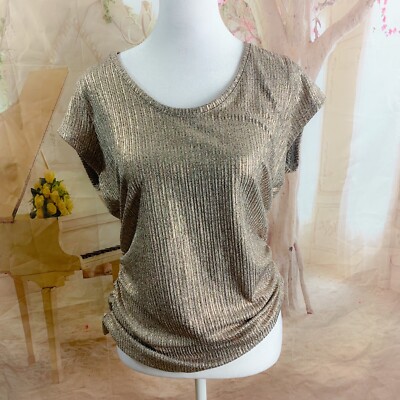 NEW WHBM Gold Ribbed Foil Short Leave Blouse Top Size Medium