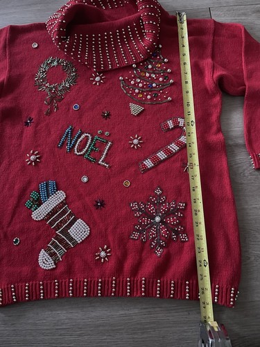 VTG Victoria Jones Christmas Sweater Turtle Neck Red Embellished Knit Pullover - Picture 2 of 16