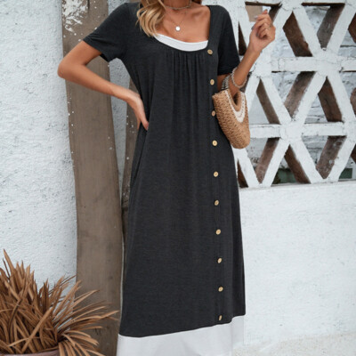 knee length dresses for ladies Blue Baggy Midi Dress