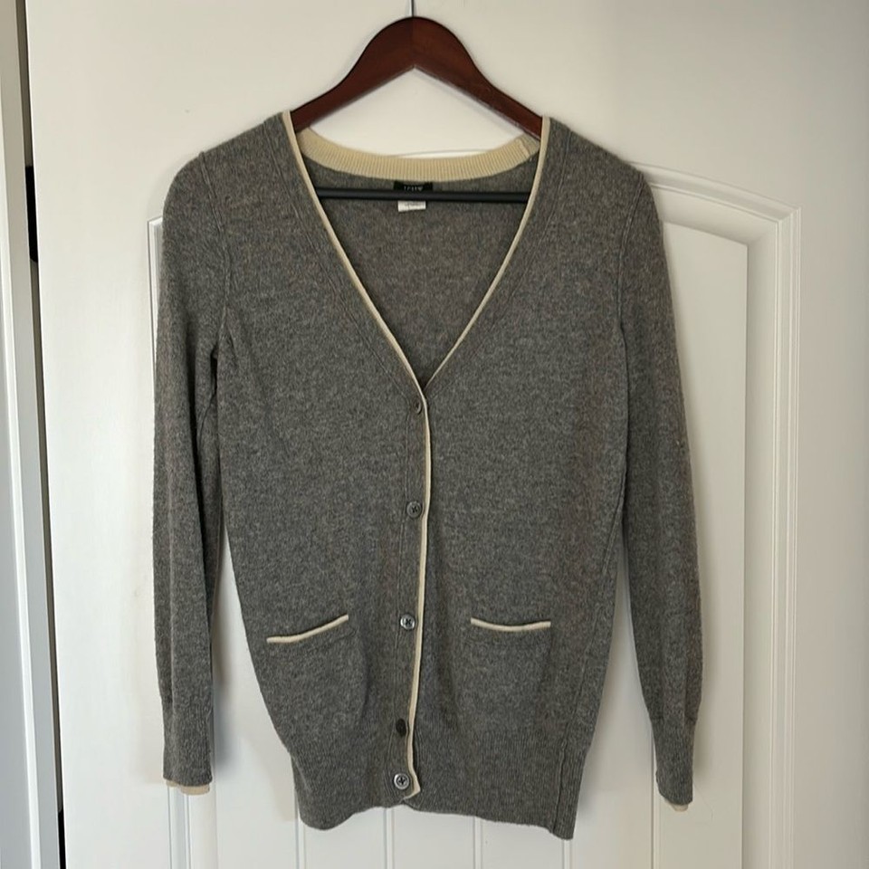 Vintage J. Crew Gray Wool Cashmere Reverse Weave Cardigan Sweater